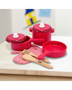 Topfset aus Holz in Rot für die Spielküche