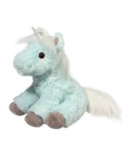 sitzendes Plüschtier Einhorn in hellem ice-blue Blau mit weißer Mähne, grauen Hufen und glitzerndem Horn.