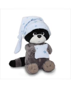 Denny der Waschbär mit hellblauer Schlafmütze und Kissen