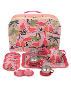Spielzeug-Teeservice aus Metall im Koffer im Papageien-Design