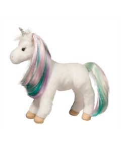 weisses Stofftier Einhorn stehend mit farbiger Mähne