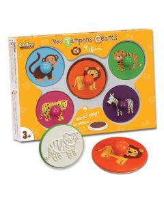 Set mit runden extra große Kinderstempeln aus Holz und Stempelfarbe, Stempelmotive Safari-Tiere zum Ausmalen.
