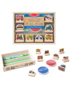 Kinderstempelset "Fahrzeuge" aus Holz, Stempel mit großem Griff, inkl. 2 Stempelkissen, alles in einer Holzkiste.