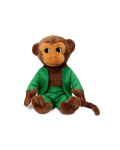sitzender kleiner Plüsch-Affe "Herr Nilsson" mit grüner Jacke und Hose