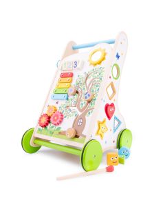 weißer Lauflernwagen aus Holz mit verschiedenen Motorikspielzeugen