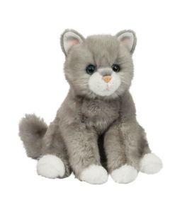 Stofftier Katze Rita mit grauem Plüschfell und weißen Abzeichen