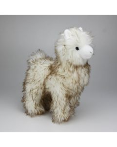 Stofftier Alpaka stehend mit cremefarbenem Pl&uuml;schfell mit braunen Spitzen. 