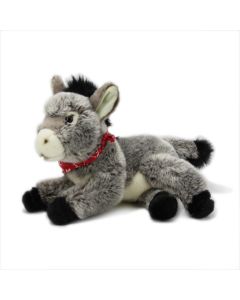 Grauer liegender Stofftier Esel mit rotem Halstuch