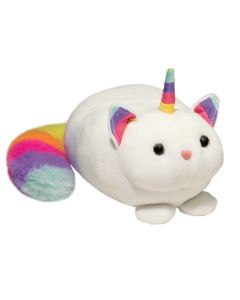 weiße Einhornkatze mit Horn, Schwanz und Ohren in Regenbogenfarben