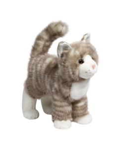 stehende grau-gemusterte Stofftier Katze mit weißen Details