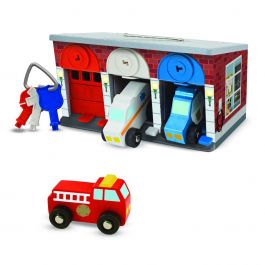 Spielzeug-Garage mit Tor, Schlüssel und 3 Holzautos