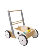 Lauflernwagen von BAJO aus Massivholz in Weiß und Grau mit Kugel-Motorikspiel