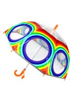 Kinderschirm durchsichtig mit Regenbogen-Farben verziert.