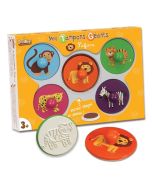 Set mit runden extra große Kinderstempeln aus Holz und Stempelfarbe, Stempelmotive Safari-Tiere zum Ausmalen.