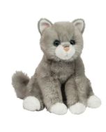 Stofftier Katze Rita mit grauem Plüschfell und weißen Abzeichen