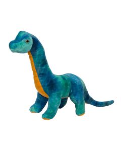 Brachiosaurus Stofftier Dinio "Brach" aus blau-grün meliertem Stoff und orangefarbenen Details an Hals und Füßen. 