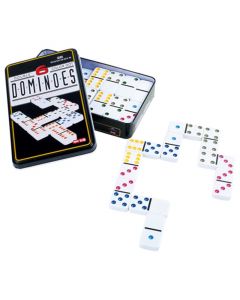 Domino mit weissen Steinen in Metallbox