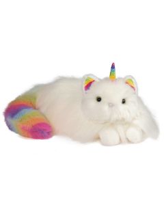 Einhorn-Katze mit längerem weißen Plüschfell und Horn, Ohren und Schwanz in Regenbogenfarben.