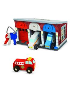 Holzautoset mit Spielzeug-Autogarage mit Tor und Schlüssel