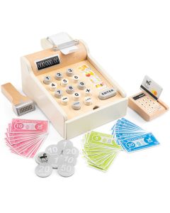 Holzspielzeug-Kasse mit Spielgeld und Kassenbonrolle