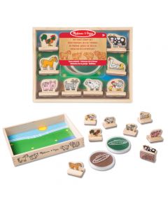 Kinderstempel-Set aus Holz mit 8 Motivstempeln "Bauernhoftiere" mit Griff in einer Holzkiste