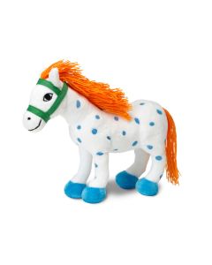 Plüsch-Figur Pferd "Kleiner Onkel" in Weiß mit blauen Punkten und orangefarbener Mähne und Schweif