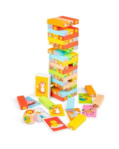 Holzturm Spiel für Kleinkinder mit Spielkarten und Würfel