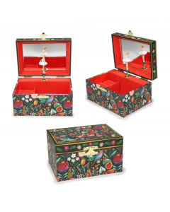Schmuckschatulle für Knder mit Spieluhr in Dunkelgrün mit floralem Print und roter Innenauskleidung.