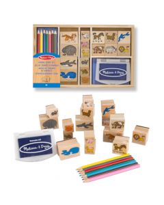 Kinderstempel Set aus Holz  mit Tiermotiven, Buntstiften und Stempelkissen im Kasten