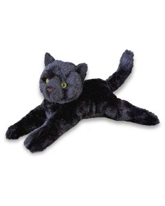 schwarze Stofftier Katze Tug liegend