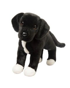 Stofftier Hund Labrador Pitbull Mix mit schwarzen Plüschfell und weißen Abzeichen an Pfoten und Brust