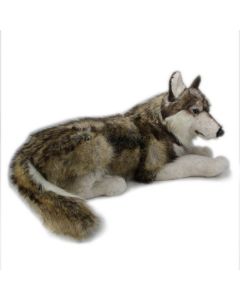 großer Plüsch-Wolf mit realistischer Fellfarbe in Braungrau und graugelb