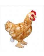 Stehendes Kuscheltier Huhn mit Ei, Plüschgefieder in Braun-Weiß.