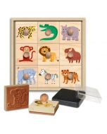 Holz-Kinderstempelset "Savannen-Tiere" mit 9 Motivstempel,  Stempelkissen und Aufbewahrungsbox
